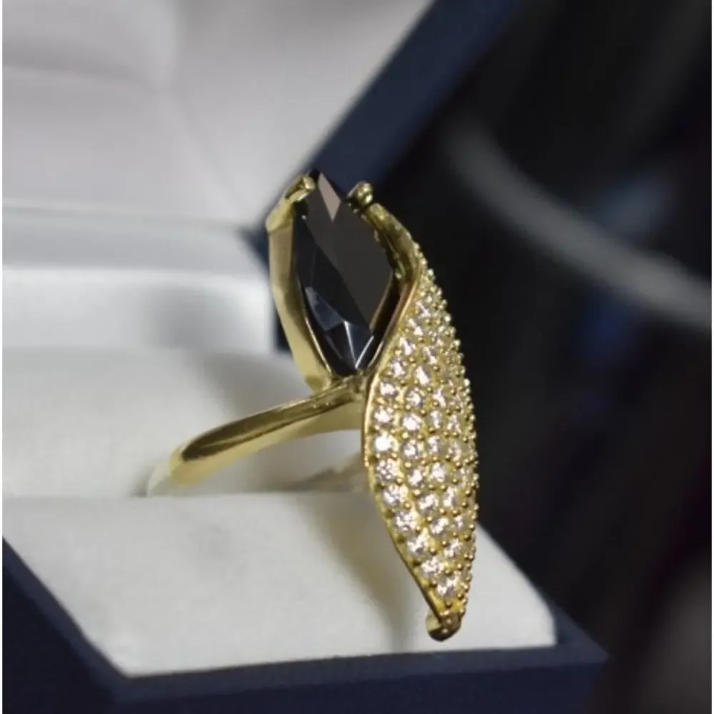 925 Sterling Silver Black Alpanite & CZ Ring Size 9